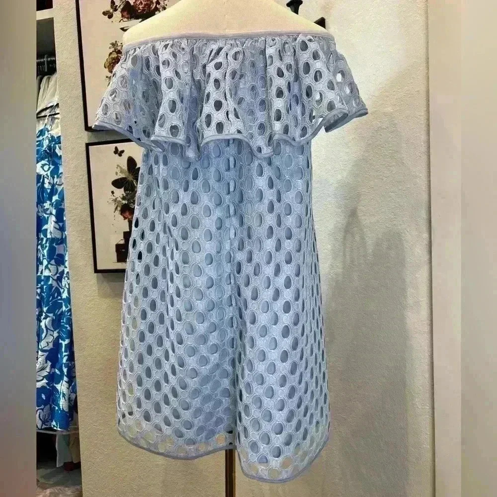 Above Mediocre Taste Baby Blue Eyelet Off The Shoulder A-line Dress- Size Small - Picture 3 of 9